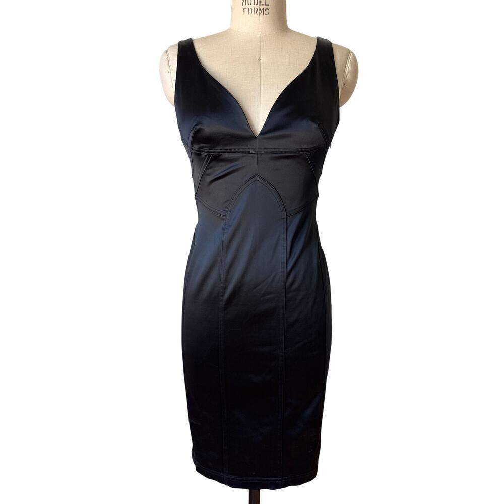 David Meister y2k Bodycon Cocktail Dress in Black Satin Size 10 Party